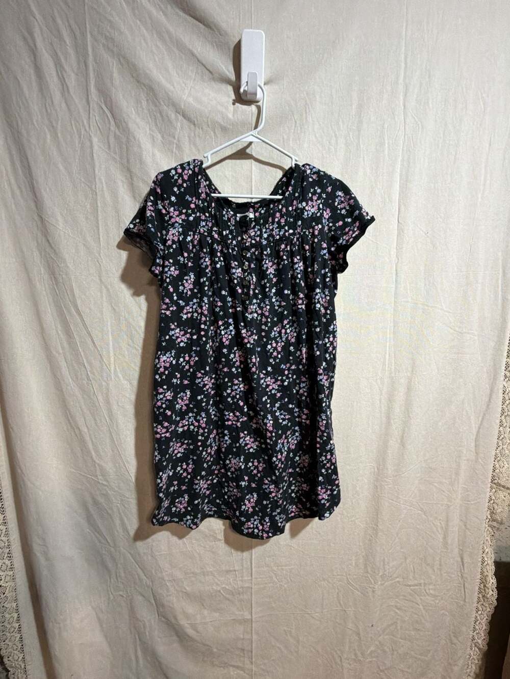 Aria Collection Black Floral 100% Cotton Short Sleeve Nightgown Size L 12-14